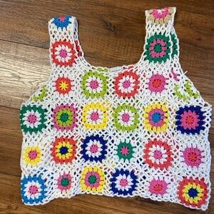Anna & Ava Granny Square Crochet Colorful Coverup Crop Tank Top Sz L/XL Cotton